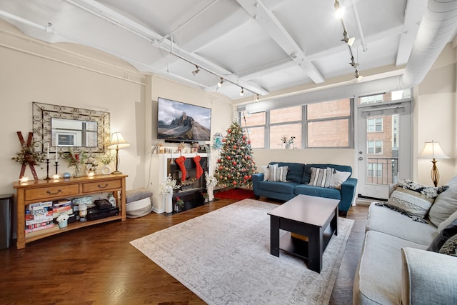 living room with dark hardwood / wood-style floors