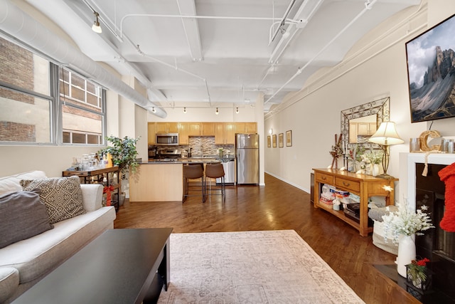 living room with dark hardwood / wood-style flooring and track lighting