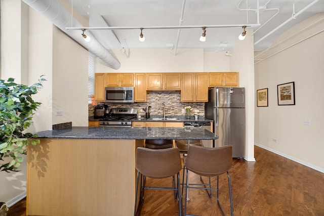 kitchen with track lighting, sink, dark hardwood / wood-style flooring, kitchen peninsula, and stainless steel appliances