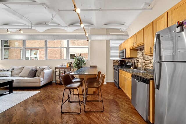 kitchen featuring backsplash, sink, dark hardwood / wood-style floors, a kitchen bar, and stainless steel appliances