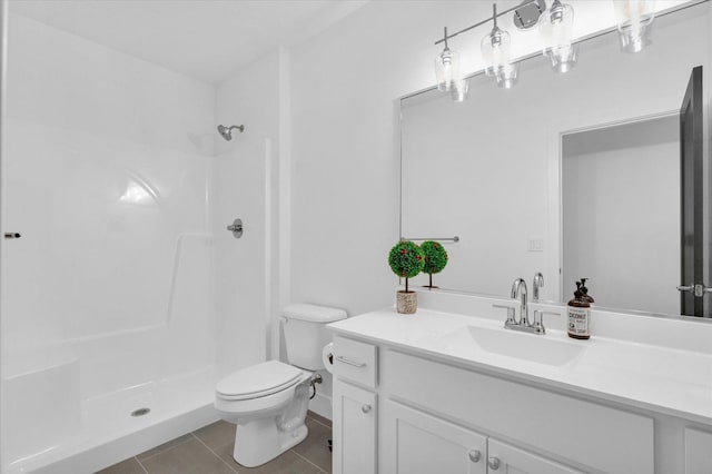 full bathroom with toilet, tile patterned flooring, walk in shower, and vanity