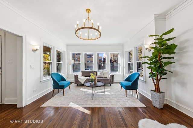 living area with a wealth of natural light, crown molding, and dark hardwood / wood-style floors