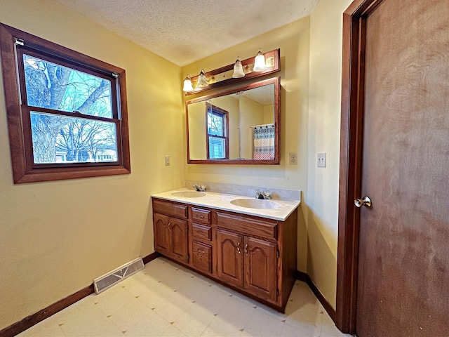 bathroom with vanity and a textured ceiling