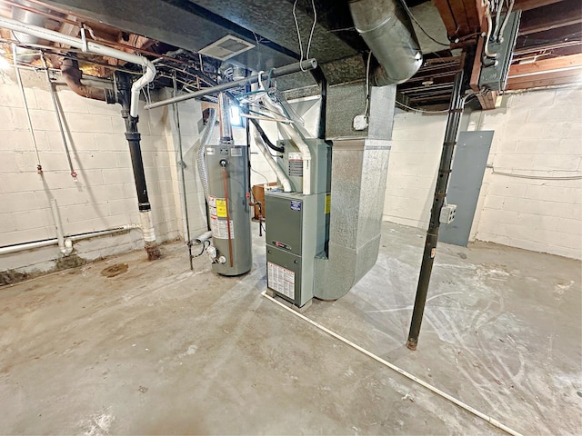 basement with heating unit and gas water heater