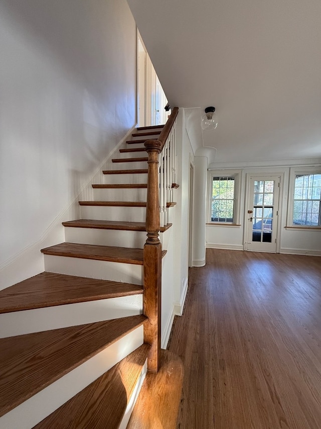 staircase featuring wood-type flooring