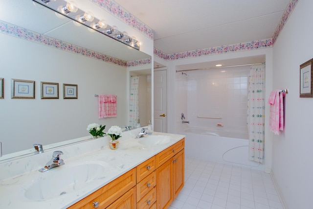 bathroom featuring shower / bathtub combination with curtain, tile patterned flooring, and vanity