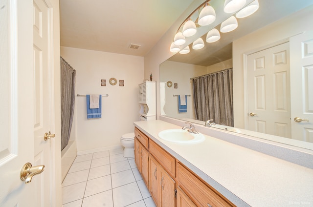 full bathroom with toilet, vanity, tile patterned floors, and shower / bathtub combination with curtain