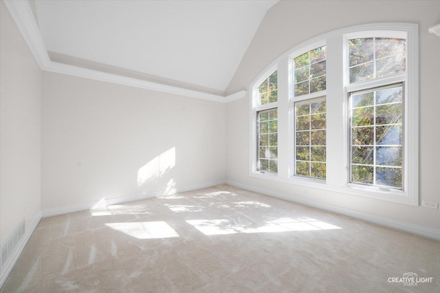 unfurnished room with crown molding, high vaulted ceiling, and light colored carpet