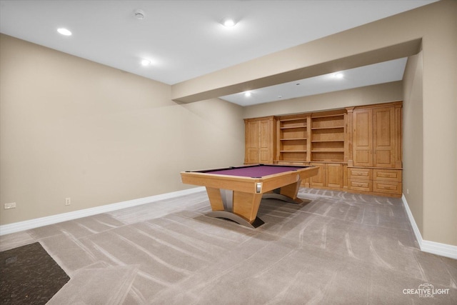 rec room with light carpet and billiards