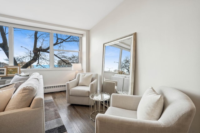 living area featuring dark hardwood / wood-style flooring, vaulted ceiling, and a baseboard heating unit