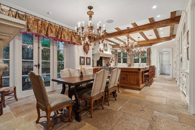 dining space with beamed ceiling and a notable chandelier