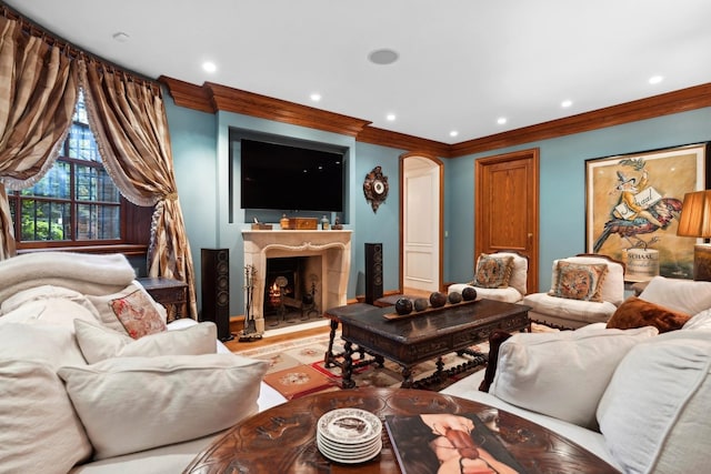 living room featuring crown molding