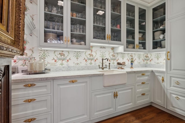 interior space with dark hardwood / wood-style floors, light stone counters, white cabinetry, and sink