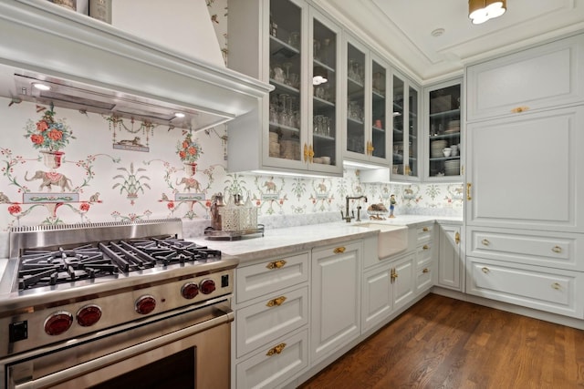 kitchen featuring premium range hood, stainless steel range, dark wood-type flooring, sink, and white cabinets