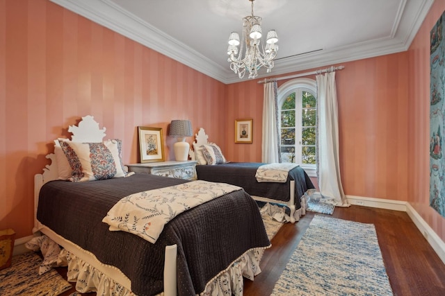 bedroom with crown molding, a chandelier, and dark hardwood / wood-style floors