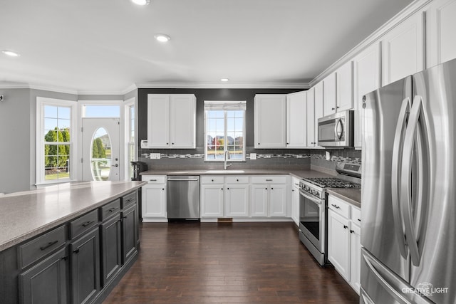 kitchen featuring sink, dark hardwood / wood-style flooring, backsplash, white cabinets, and appliances with stainless steel finishes