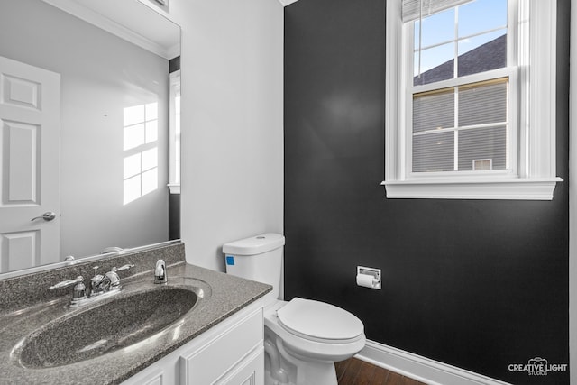 bathroom featuring hardwood / wood-style floors, vanity, and toilet