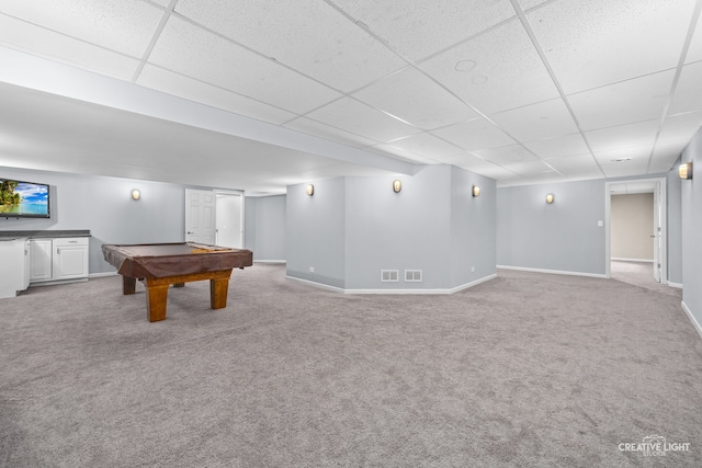 recreation room featuring carpet floors, a drop ceiling, and billiards