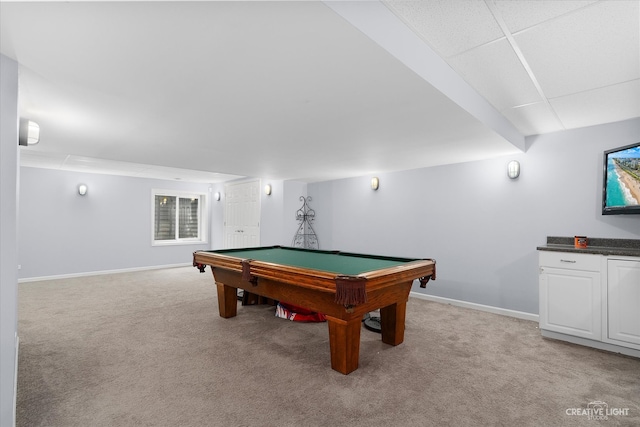 recreation room featuring light colored carpet and pool table