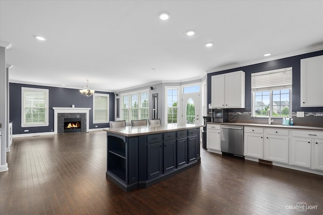 kitchen featuring stainless steel dishwasher, dark hardwood / wood-style floors, and a healthy amount of sunlight