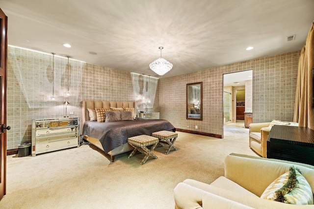 bedroom featuring a chandelier, visible vents, wallpapered walls, and carpet