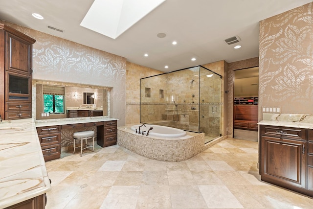 full bathroom featuring visible vents, a shower stall, wallpapered walls, a bath, and vanity