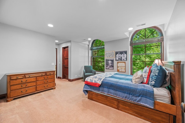 bedroom with visible vents, recessed lighting, baseboards, and carpet floors