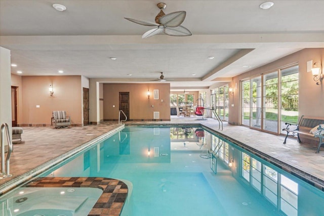 view of pool with a pool with connected hot tub and ceiling fan
