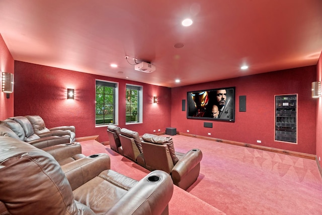 carpeted cinema with wine cooler, recessed lighting, and baseboards