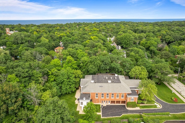 birds eye view of property with a view of trees and a water view