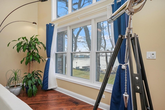 interior details featuring hardwood / wood-style floors and a water view