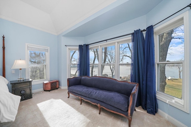 living area featuring light colored carpet, vaulted ceiling, and crown molding