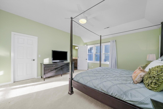 bedroom with ceiling fan, light carpet, and lofted ceiling