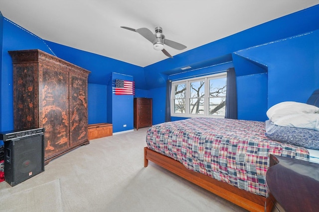 bedroom with light colored carpet and ceiling fan