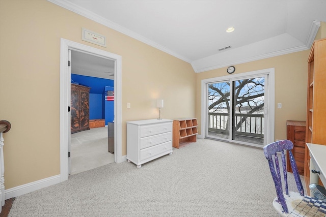 bedroom with light carpet, access to outside, and ornamental molding