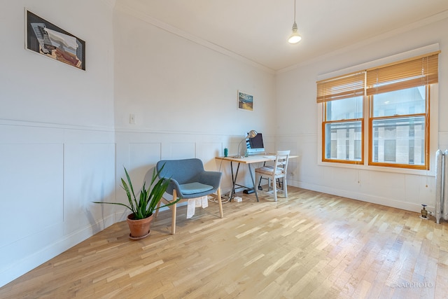 office area featuring light wood-type flooring and crown molding