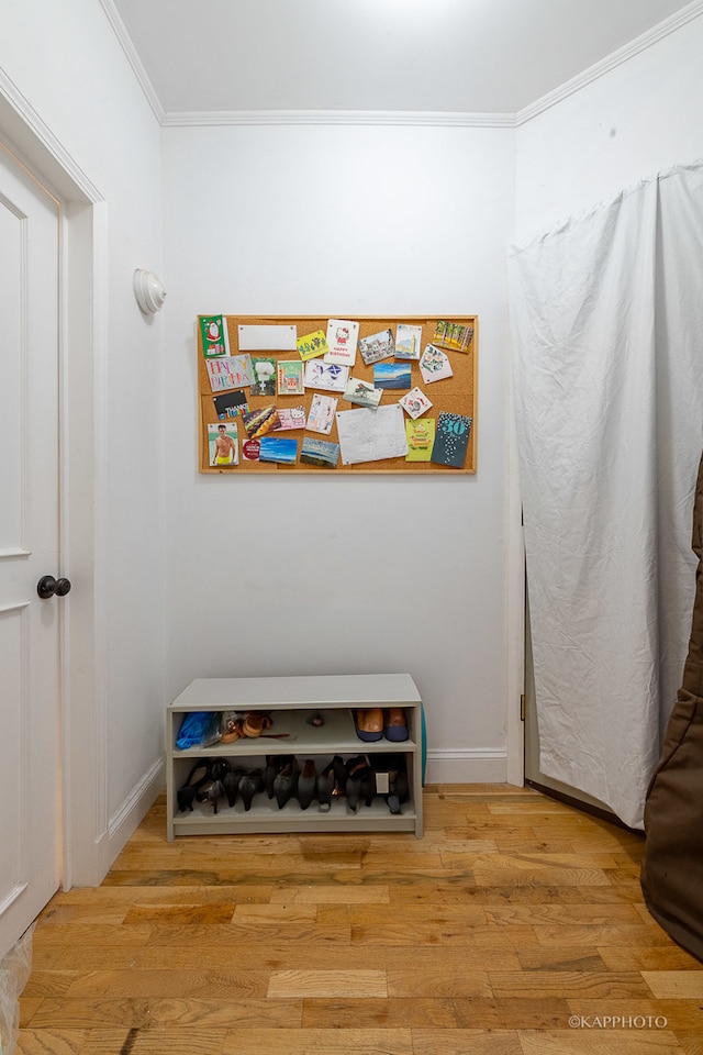 interior space with crown molding and light hardwood / wood-style flooring