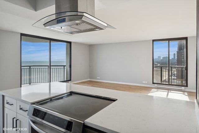 kitchen with island exhaust hood, wood-type flooring, a water view, white cabinetry, and stainless steel electric range