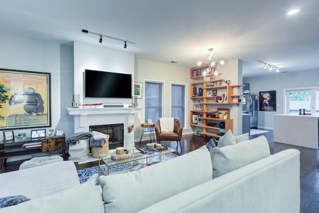 living room with rail lighting and dark wood-type flooring