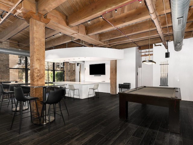 recreation room with wood-type flooring, beam ceiling, indoor bar, wooden ceiling, and pool table