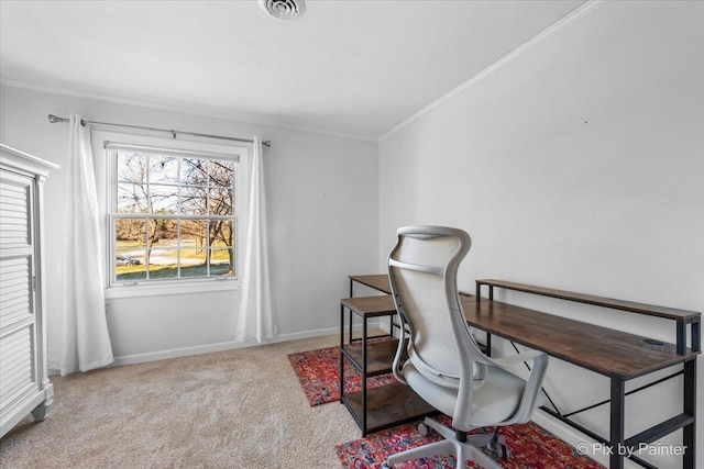 carpeted office featuring ornamental molding