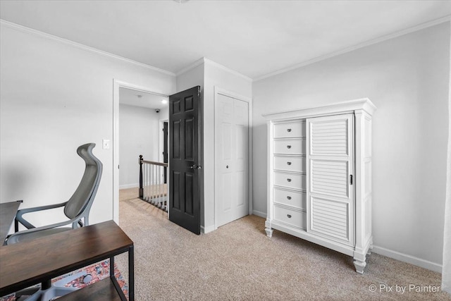 carpeted office with ornamental molding