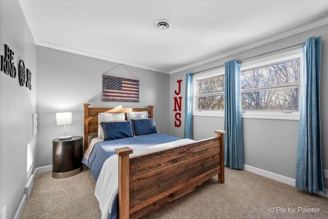 carpeted bedroom featuring ornamental molding