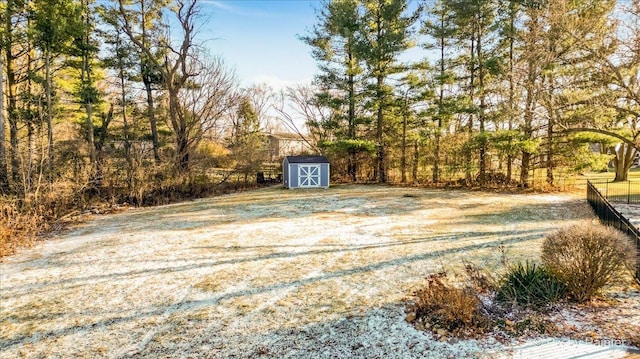 view of yard with a shed