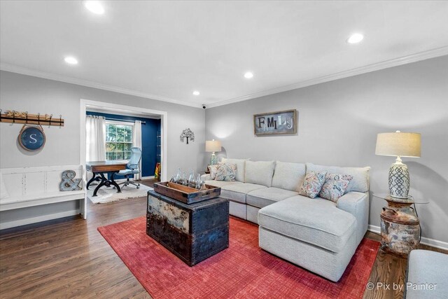 living room with crown molding and dark hardwood / wood-style flooring