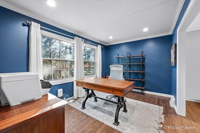 office featuring wood-type flooring, a textured ceiling, and ornamental molding