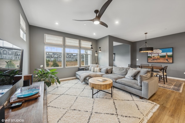 living room featuring ceiling fan and light wood-type flooring