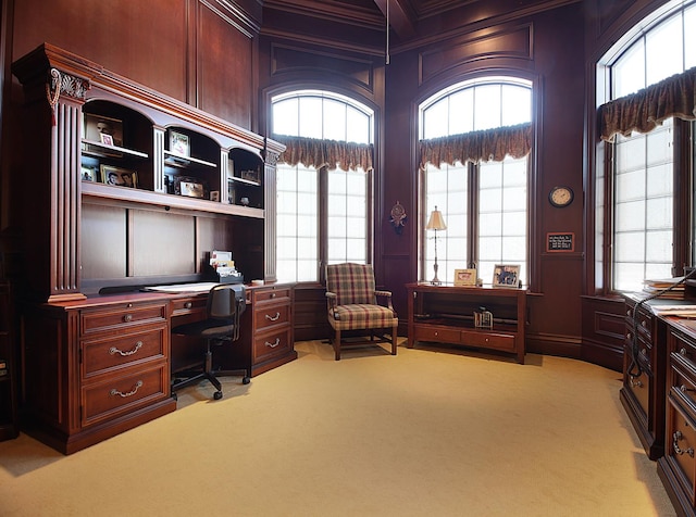 carpeted home office with a healthy amount of sunlight and ornamental molding