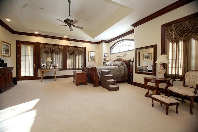 carpeted bedroom with a tray ceiling