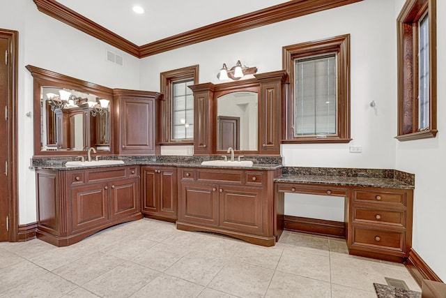 bathroom with tile patterned flooring, vanity, and ornamental molding